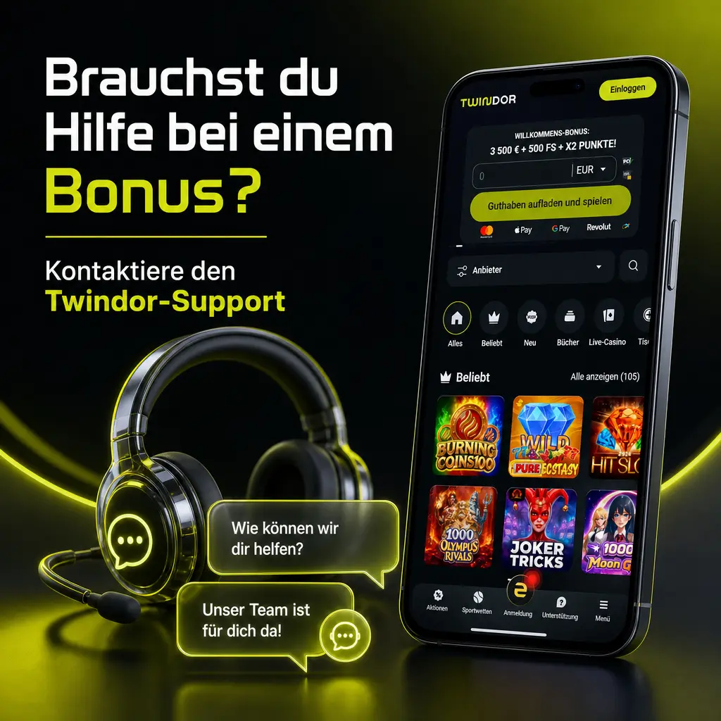 Twindor-Support hilft deutschen Spielern 24/7 bei Bonusfragen per Live-Chat, Kontaktformular und FAQ-Bereich.