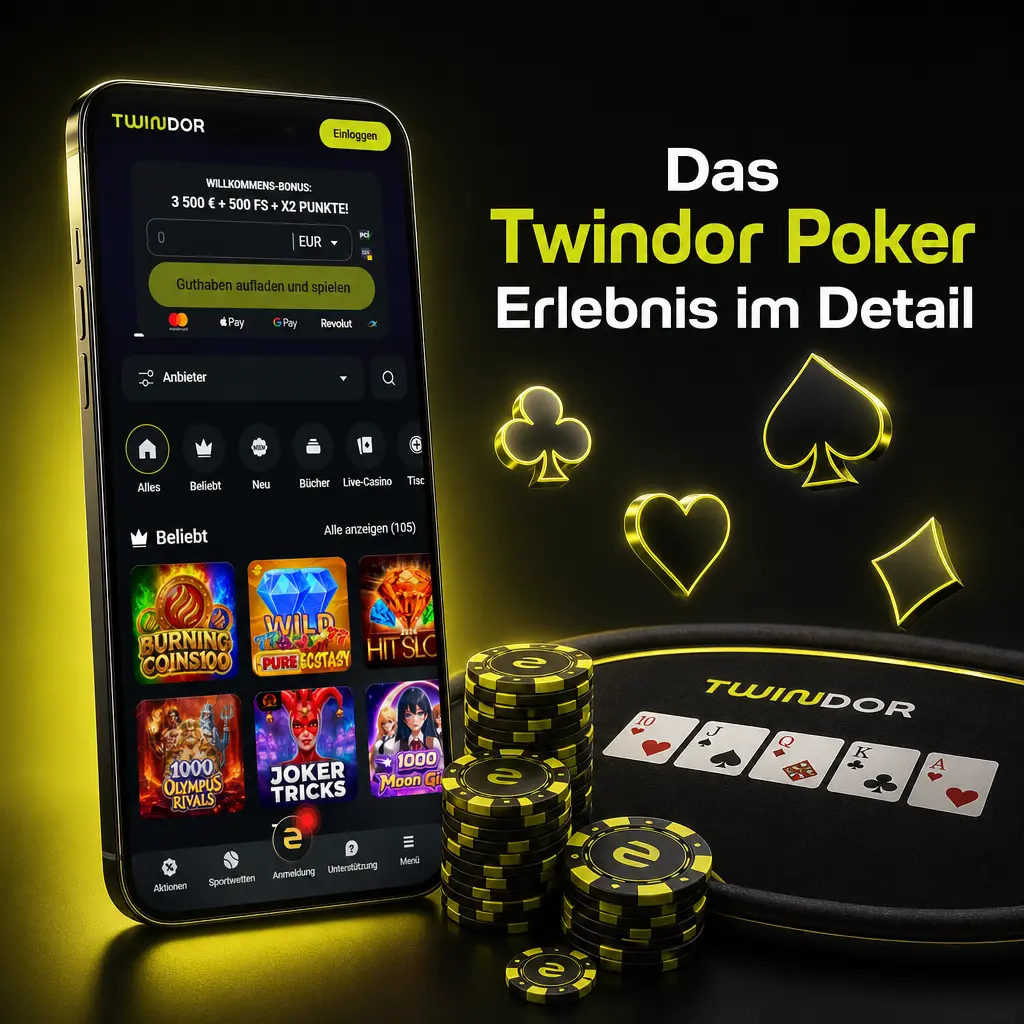 Twindor Poker: Cash-Game-Tische mit echten Gegnern, virtuellen Dealern und automatischer Chip-Stack-Erfassung für schnelles Spiel.