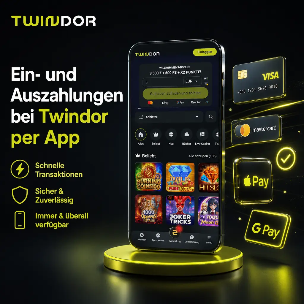 Smartphone zeigt Twindor-App mit Ein- und Auszahlungsoptionen wie Visa, Apple Pay und Google Pay