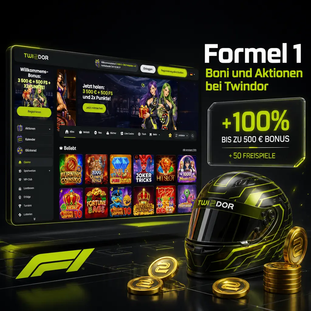 Formel 1 Boni und Aktionen bei Twindor: Willkommenspaket bis 3.500 € plus 500 Freispiele und Quotenboosts