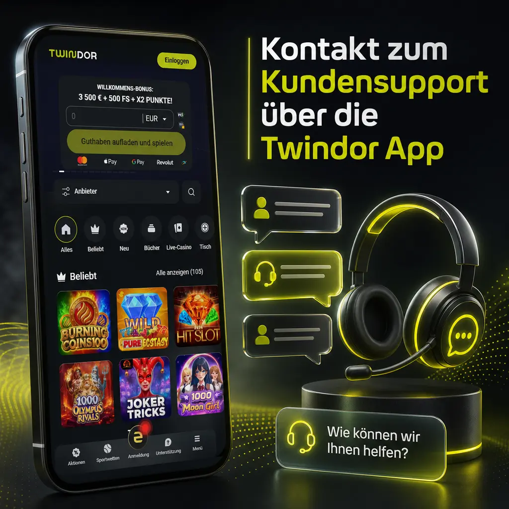 Kundensupport der Twindor App mit Live-Chat, E-Mail, Telefon-Hotline und FAQ-Bereich für Spieler