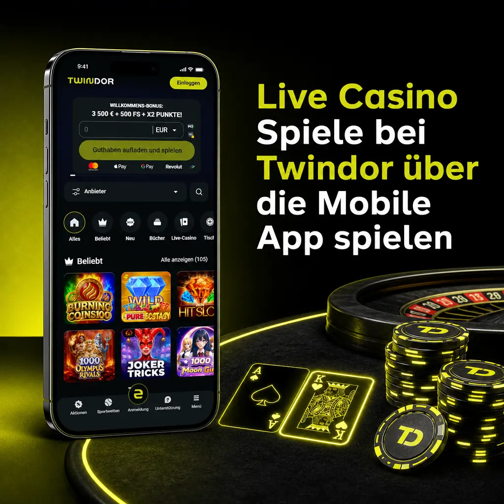 Twindor Mobile App zeigt Live Casino Spiele mit Tischauswahl, Filterfunktion und Streaming auf iOS und Android.