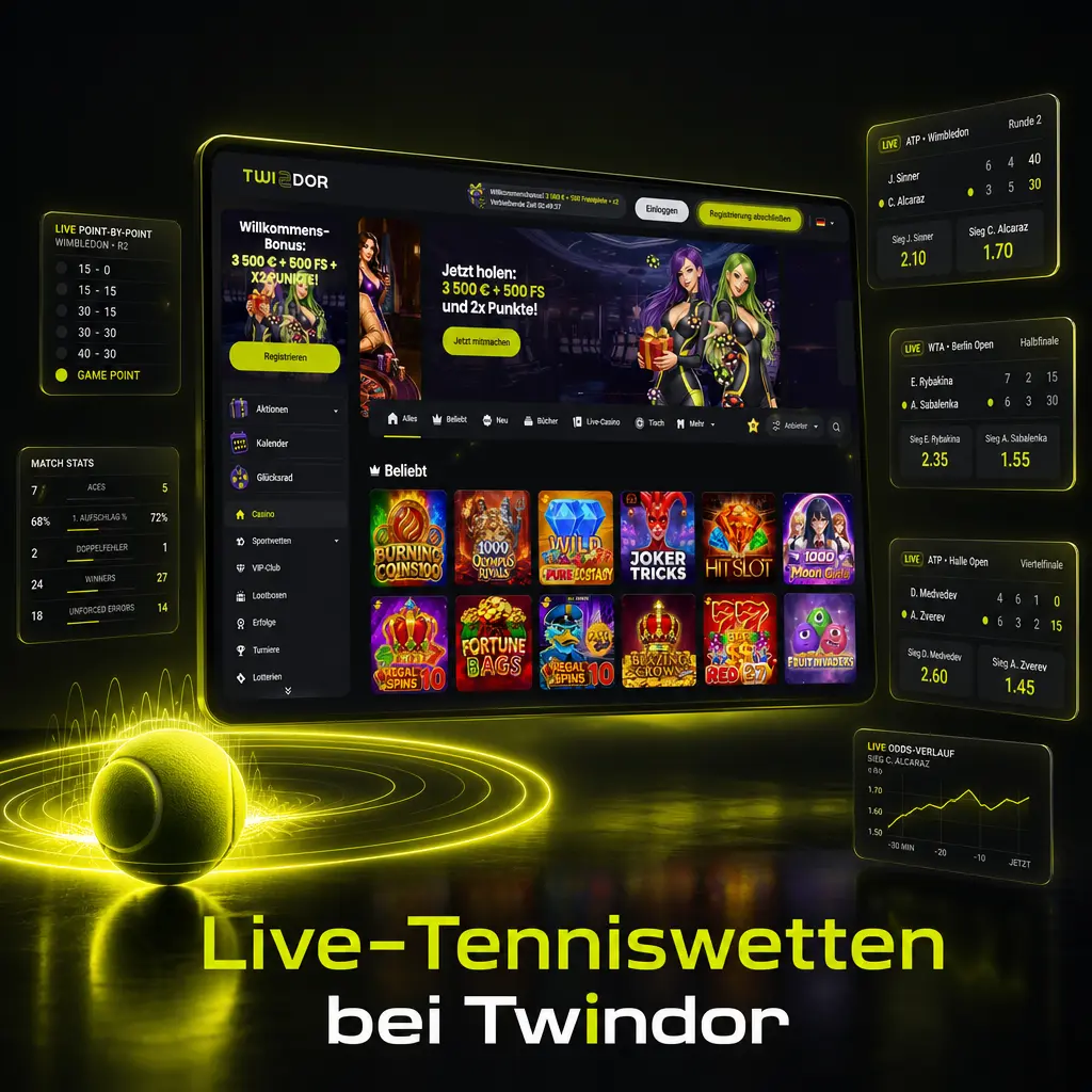 Live-Tenniswetten bei Twindor: aktuelle Quoten, Punktestand und Satzbilanz in Echtzeit für Grand-Slam- und ATP/WTA-Turniere.