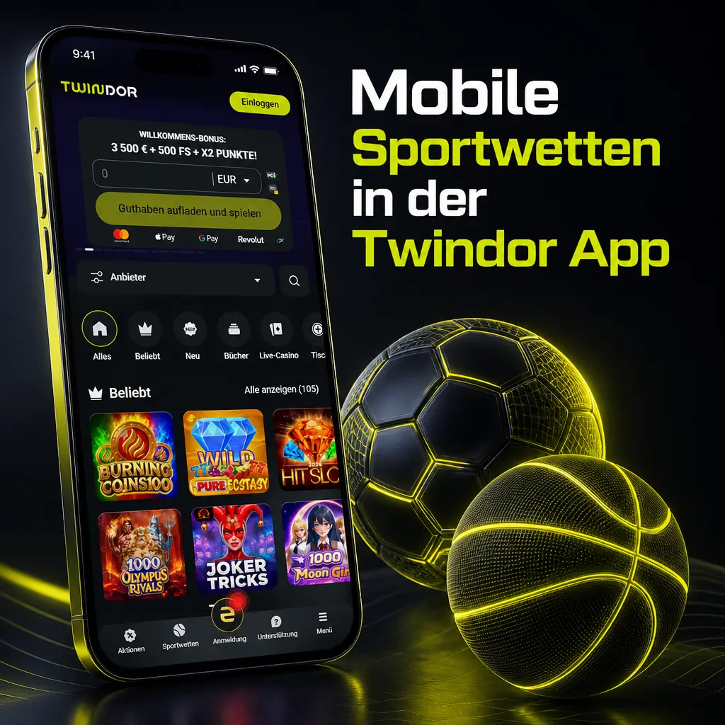 Mobile Sportwetten in der Twindor App: Live-Quoten, über 25 Sportarten, Cash-Out und Statistiken auf einen Blick.