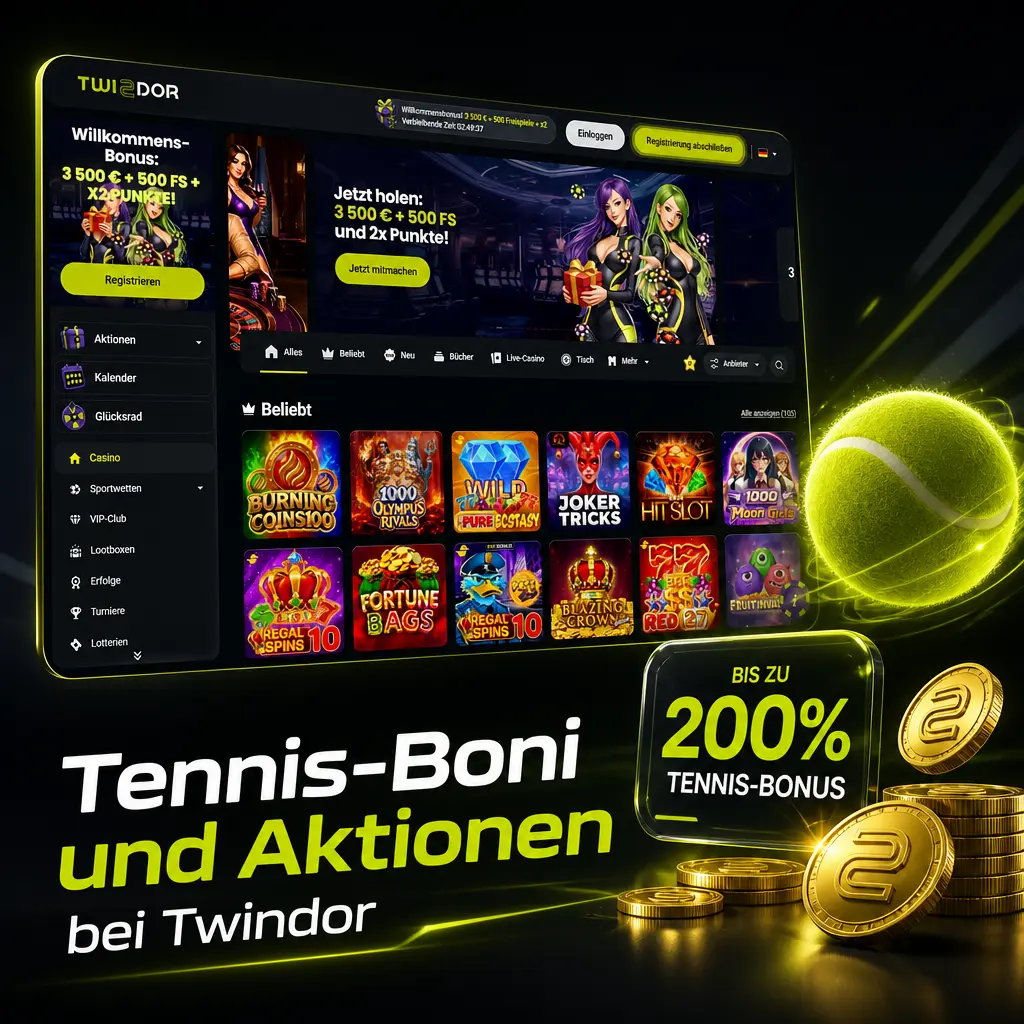 Twindor Willkommensbonus für Tenniswetten: bis zu 3.500 EUR, 500 Freispiele und x2-Quotenboost für Neukunden.