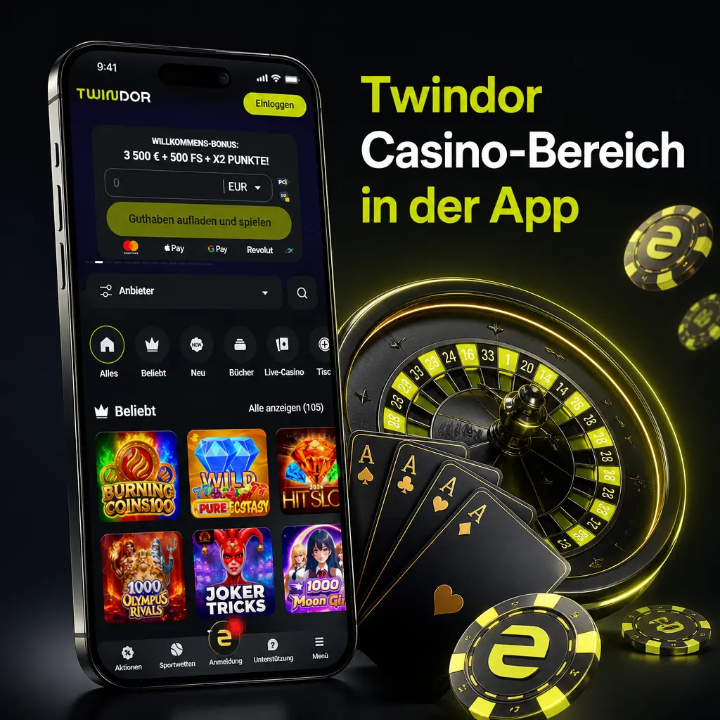 Twindor App Casino-Bereich: Slots, Tischspiele, Live Casino und Jackpots übersichtlich mit Menüleiste navigierbar.