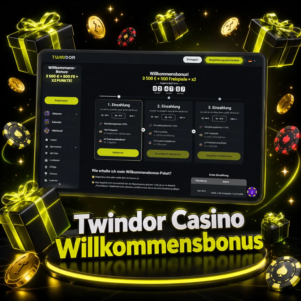 Twindor Casino Willkommensbonus bis zu 3.500 EUR, 500 Freispiele und x2 Einzahlungsverdopplung für neue Spieler