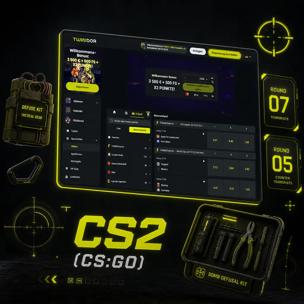 CS2-Esports-Wetten bei Twindor: Match-Sieger, Map-Handicaps und Live-Wetten bei IEM, ESL Pro League und BLAST Premier.
