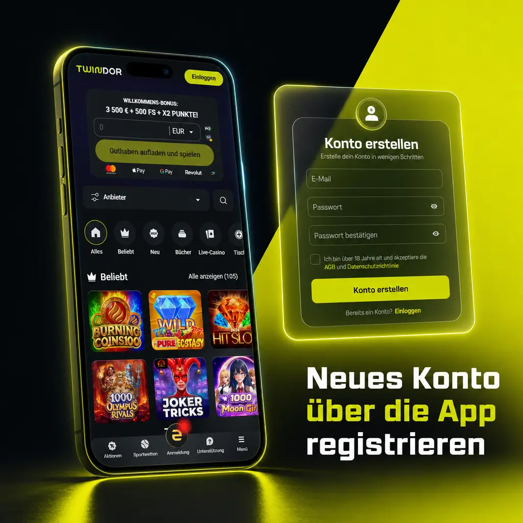 Schritt-für-Schritt-Anleitung zur Registrierung eines neuen Kontos über die Twindor App auf dem Smartphone