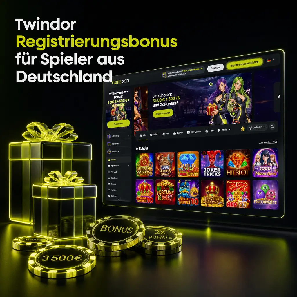 Twindor Registrierungsbonus: bis zu 3.500 EUR plus 500 Freispiele für Sportwetten und Casino in Deutschland.