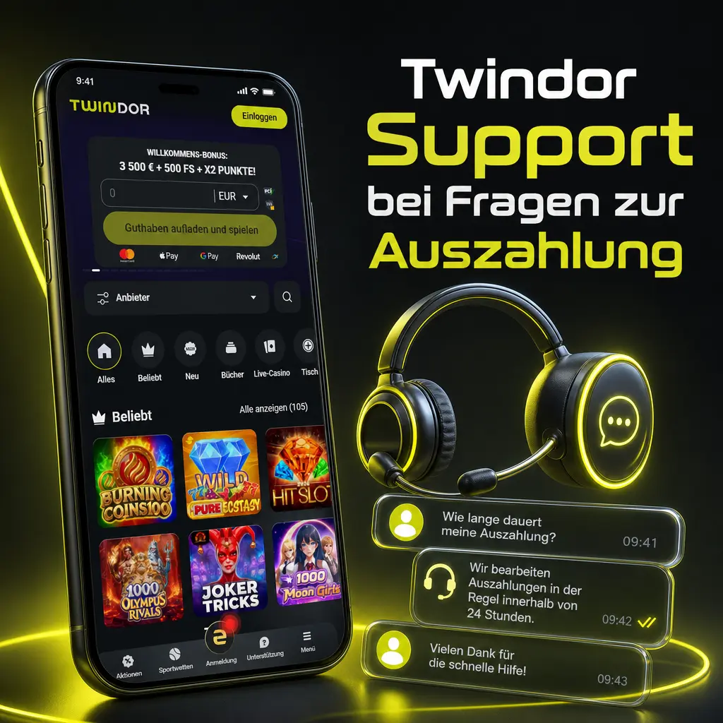 Twindor Support hilft bei Fragen zur Auszahlung per Live-Chat, E-Mail und Hilfe-Center im Spielerkonto.