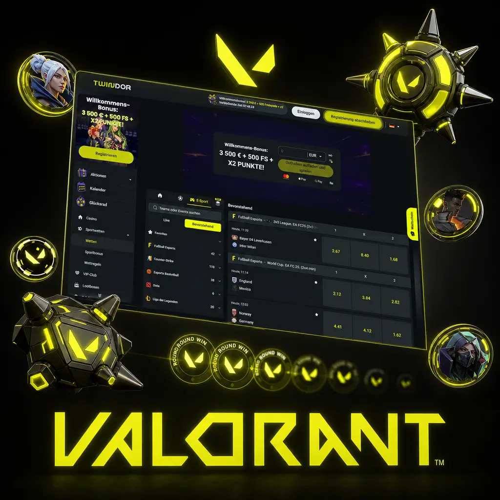 Valorant Esport: Taktischer 5v5-Shooter mit Wettquoten für VCT Champions, Masters und regionale Ligen bei Twindor