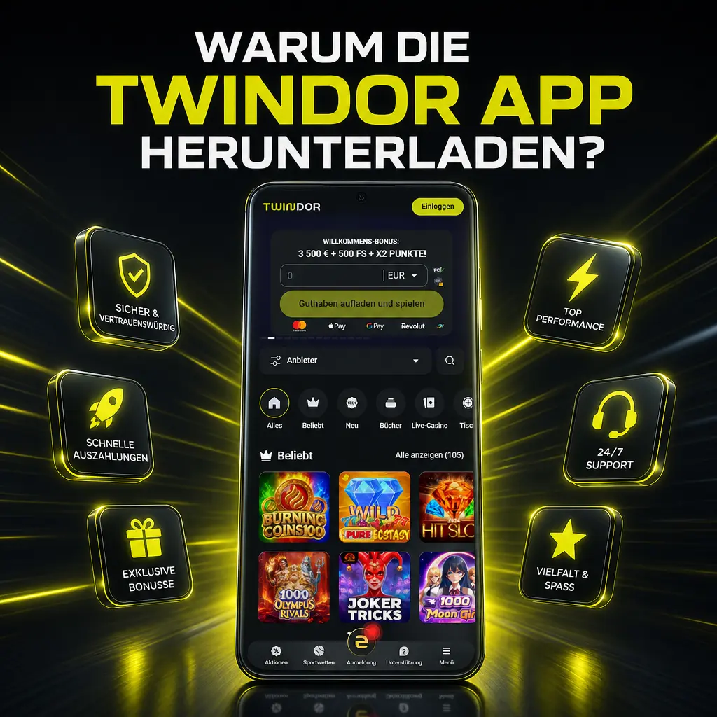 Twindor App: Schneller wetten und Casino spielen mit Push-Benachrichtigungen, biometrischer Anmeldung und stabiler Live-Wetten-Verbindung.